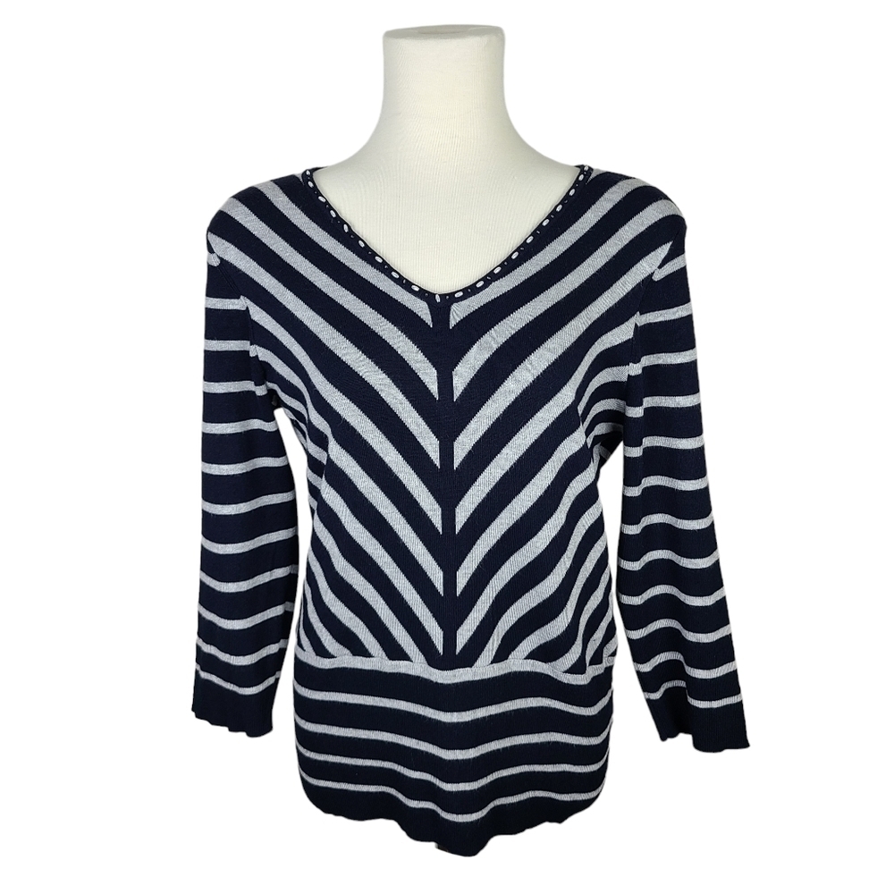 Laura Petites Black & White Striped V-Neck 3/4 Length Sleeve Sweater Size M Pet